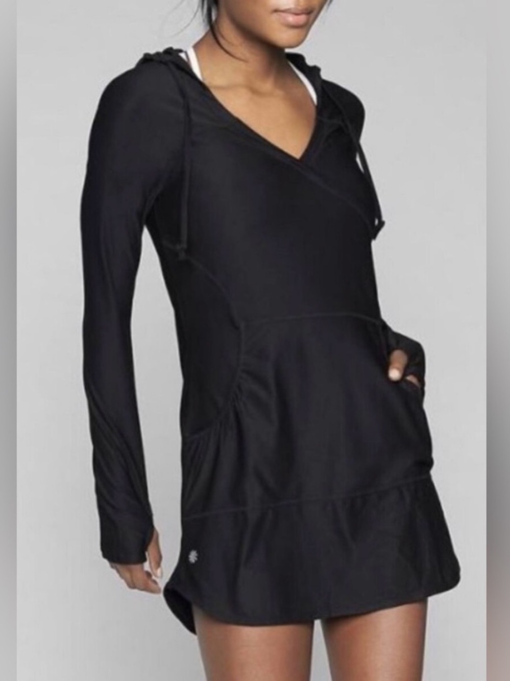 Athleta Wick-It Wader Coverup Black Hooded Performance Tunic Dress S Athleisure